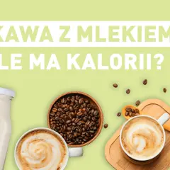 Kawa z mlekiem, ziarna kawy, mleko w butelce i dwie filiżanki kawy latte.